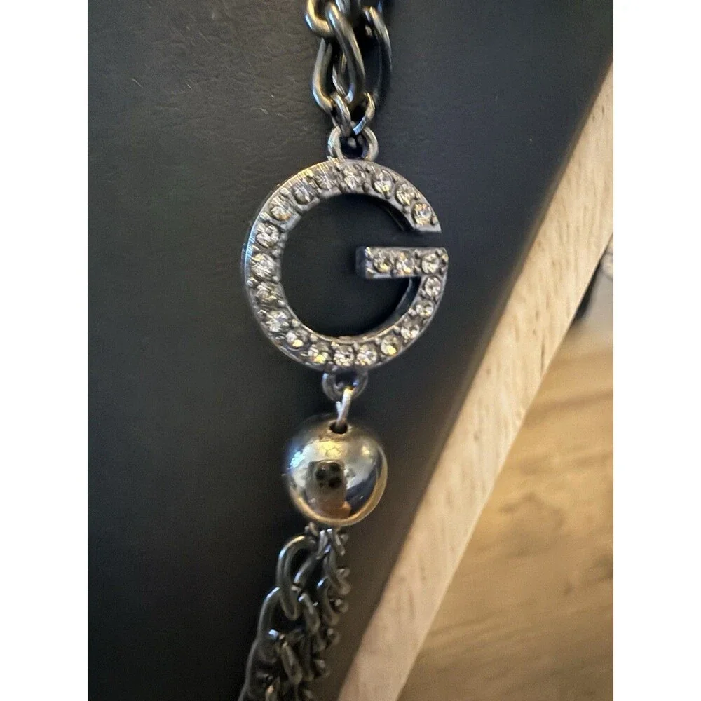 Vintage Y2K Guess Black Tone Logo Charm Necklace Rhinestone 36